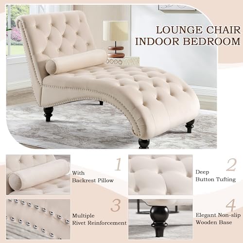 SLEERWAY Chaise Lounge Chair Indoor, Modern Velvet Upholstered Sofa with Soli...