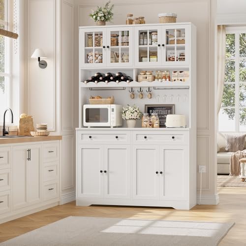 HOSTACK 75" Kitchen Pantry Storage Cabinet, Coffee Bar Hutch Cabinet, White