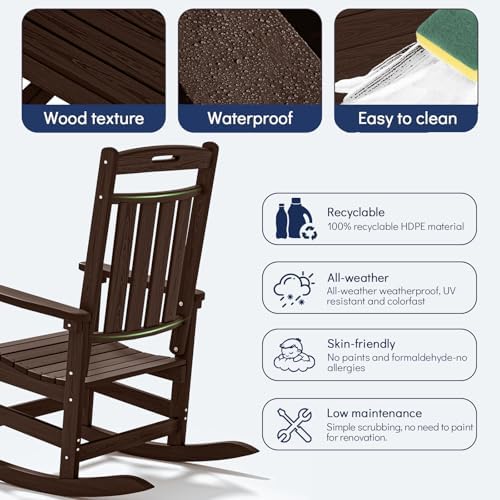 Oversized HDPE Outdoor Rocking Chair Set of 2, All-Weather, Coffee | Heavy Duty Patio Rockers with High Back, Extra Large & Extra Wide, Supports up to 380lbs, Perfect for Porch, Lawn, Garden