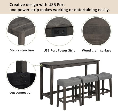 KEIKI 4-Piece Bar Table Set with Power Outlet, USB Ports, and 3 Padded Stools...