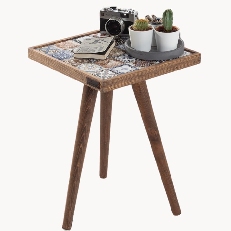 Mexican Tile Mosaic Side Table, Walnut Color Square Ceramic Accent Table with...