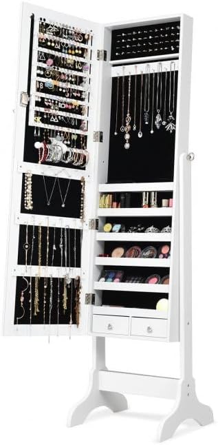 WATERJOY Jewelry Organizer with Full Body Standing Mirror Jewelry Holder Storage 4 Angle Adjustable Lockable Jewelry Cabinet Jewelry Armoire