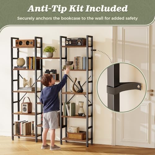 Huuger 5 Tier Bookshelf, 68'' Tall Bookcase, 14 Open Shelves, Rustic ...