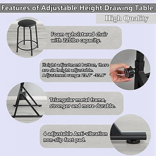 Drafting Table for Artists, Glass Drawing Table with Stool,T1-Black