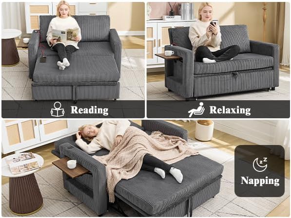 3 in 1 Convertible Sofa Bed, Pull Out Couch with Dual USB and Type C Ports, C...