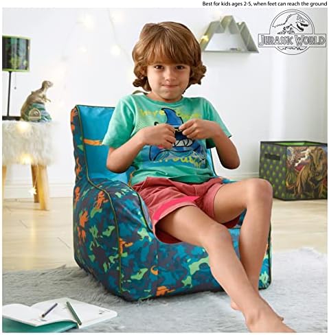 Idea Nuova Jurassic World Dinosaur Bean Bag Chair,Blue 18” x 18” Nylon Chair with Piping and Top Carry Handle, Lightweight & Portable Seating for Kids Room