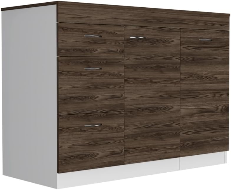 Grecia Kitchen Base Cabinet, 3 Drawers, 2 Shelves - White/Dark Walnut