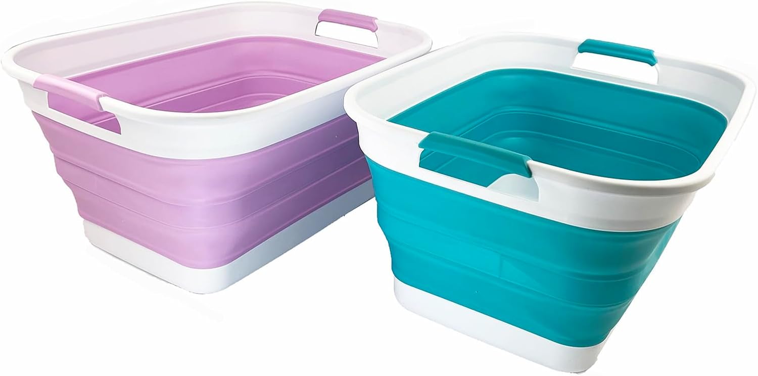 SAMMART 27L (7.1 Gallons) Collapsible Plastic Laundry Basket with Handle-Foldable Pop Up Storage Basket with handle (2, Ceramic Blue+Pale Purple)