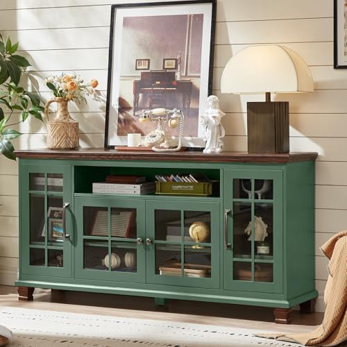 SAVOR LIFE 60-Inch Sideboard Buffet Cabinet with Glass Doors,Vintage Green