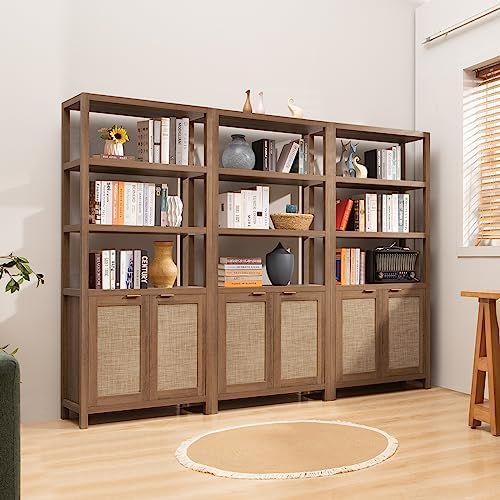 SICOTAS 71" Tall Rattan Bookshelf with Doors for Living Room Library