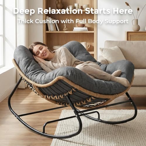 SWITTE Outdoor Rocking Papasan Chair with Thick Cushion, Dark Gray | Oversize...