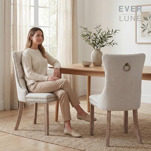 Beige Linen Dining Chairs Set of 6, Fabric Upholstered Kitchen & Dining R...