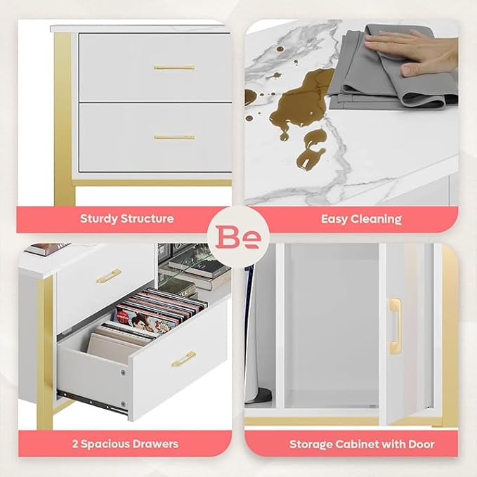 Bestier TV Stand for 75/80/85 inch TVs, LED Gaming Entertainment Center, Media Console with Glass Shelves for Living Room, 2 Storage Drawers & Cabinets for Bedroom, White Glossy