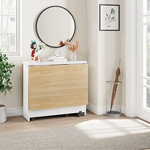 IDEALHOUSE FoldingTable, Drop Leaf Dining Table with 6 Wheels and 2-Layer Sto...