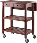BOWERY HILL Solid Wood Kitchen Cart, Walnut Finish, Drop Leaf Extension, 2 Slatted Shelves, Locking Casters, 28.27" W x 16.66" D x 33.07" H, Rustic Transitional Indoor Storage for Kitchen