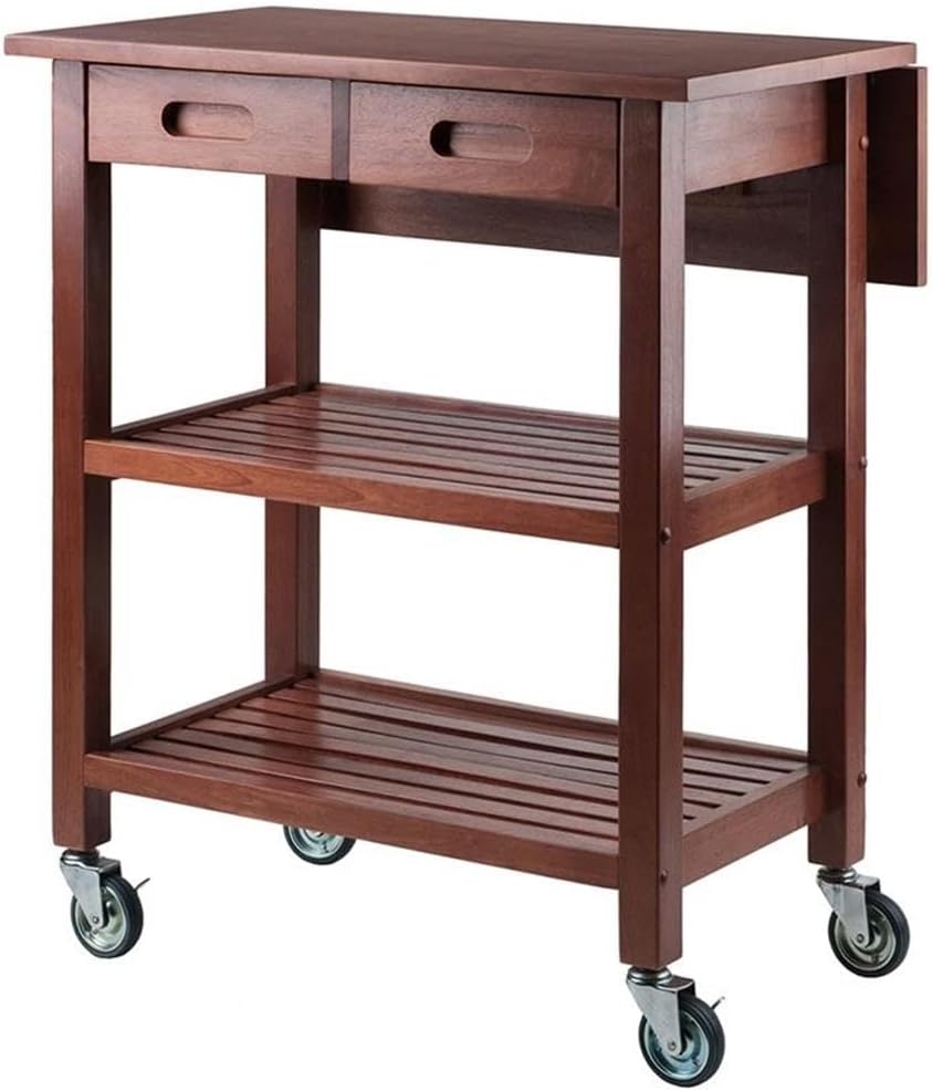 BOWERY HILL Solid Wood Kitchen Cart, Walnut Finish, Drop Leaf Extension, 2 Slatted Shelves, Locking Casters, 28.27" W x 16.66" D x 33.07" H, Rustic Transitional Indoor Storage for Kitchen