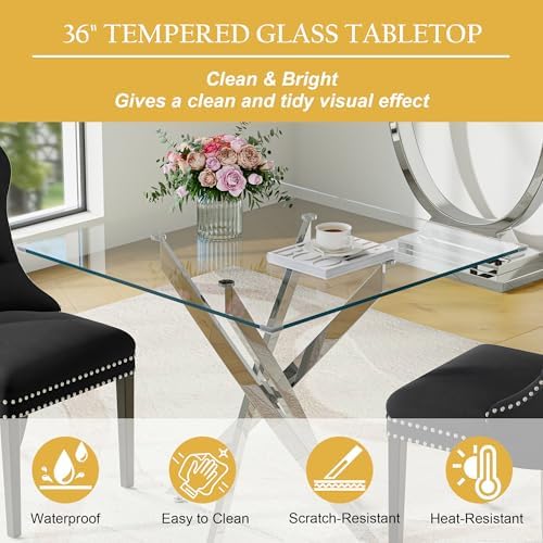 Square Glass Dining Table Set for 2, Modern 36" Glass Kitchen Table with...