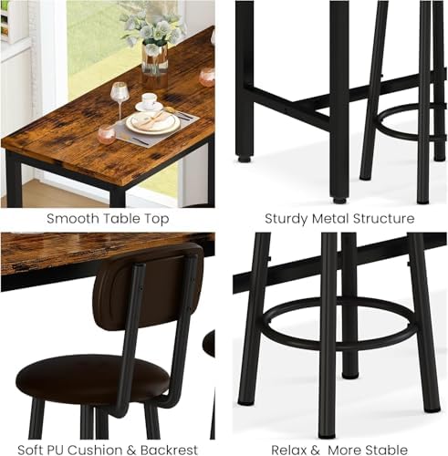 AWQM Bar Table Set of 2, Industrial Bar Table and Chairs Set of 2,3 Piece Bar...