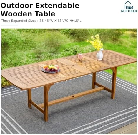 MFSTUDIO 9pc Outdoor Dining Set, Expandable Wood Table w/Umbrella Hole