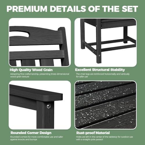 HDPE Outdoor Dining Set, Patio Table and 6 Chairs, 2" Umbrella Hole, Black
