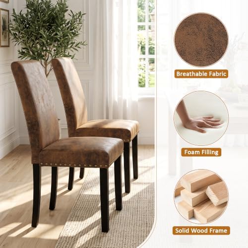 Dining Chairs Set of 4, Vintage Brown Kitchen Chairs with Nailhead Trim | Com...