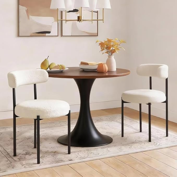 Dining Chairs Set of 2, Boucle Upholstered Modern Mid Century Round Kitchen Chairs with Curved Backrest & Metal Legs for Vanity, Living Room (White-1)