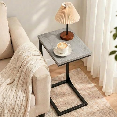 TEMI C Shaped End Table for Couch with Charging Station, Small Side Table TV ...