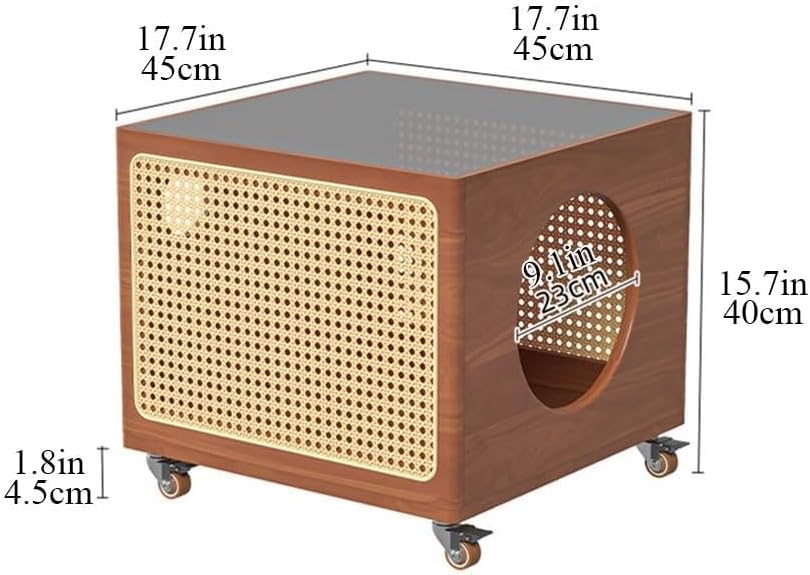 Bedside Table with Cat Condo Movable Side Table Wood and Handcrafted Rattan C...