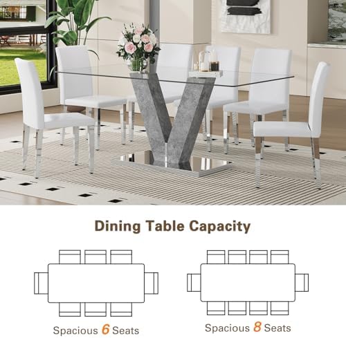 71" Modern Glass Dining Table Set for 6, 7-Piece Dining Table Set with C...
