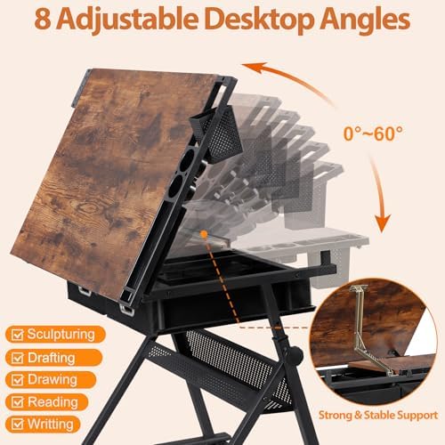 SUPER DEAL Drafting Table Set with Charging Station, Height Adjustable Tiltin...