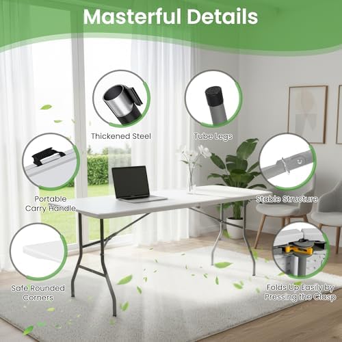 6FT White Plastic Folding Table Heavy Duty Tables Set of 5 | HDPE Tabletop Fo...