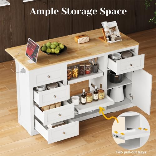 Kitchen Island with Charging Station Wood Kitchen Cart with Drawers Cabinet |...