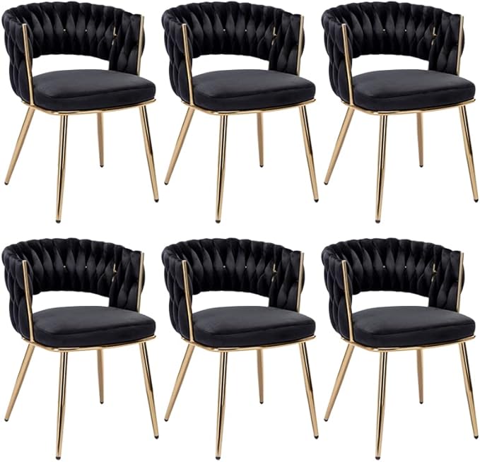KCC Velvet Dining Chairs Set of 6, Gold Modern Dining Chair with Metal Legs, Woven Upholstered Dining Chairs for Dining Room, Kitchen, Vanity, Living Room (Black)