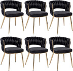 KCC Velvet Dining Chairs Set of 6, Gold Modern Dining Chair with Metal Legs, Woven Upholstered Dining Chairs for Dining Room, Kitchen, Vanity, Living Room (Black)