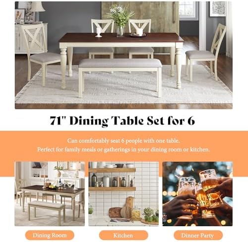 AMERLIFE 6 Piece Farmhouse Dining Table Set with 71" Solid Wood Table