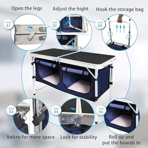 Folding Camping Table with Storage Compartment Aluminum Lightweight Camp Kitc...
