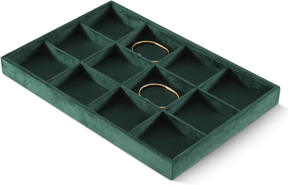 Velvet Stackable Jewelry Display Tray, 12 Grid Watch Bangle Bracelet Storage Tray, Makeup Drawer Insert Jewelry Shop Organizer Plate (Green)