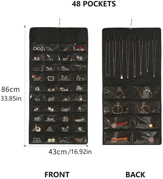 48 Pockets Double Sided Hanging Jewelry Organizer - Storage Bag for Earrings Necklaces & More