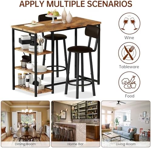 Kitchen Dining Table Set for 2, Bar Table and Chairs Set with 3 Storage Shelv...