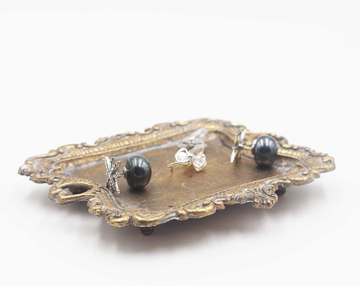 Funly mee Small Antique Trinket Dish Vintage Gold Metal Jewelry Tray, Ring Holder-5.3 x 3.5 x 1.2 inches