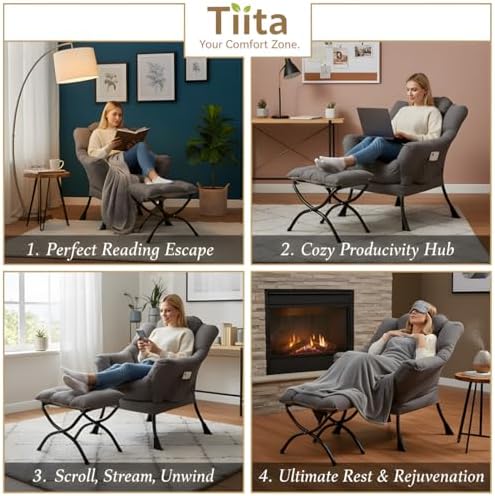 Tiita Lazy Chair with Ottoman, Comfy Reading Accent Chair, Dark Grey