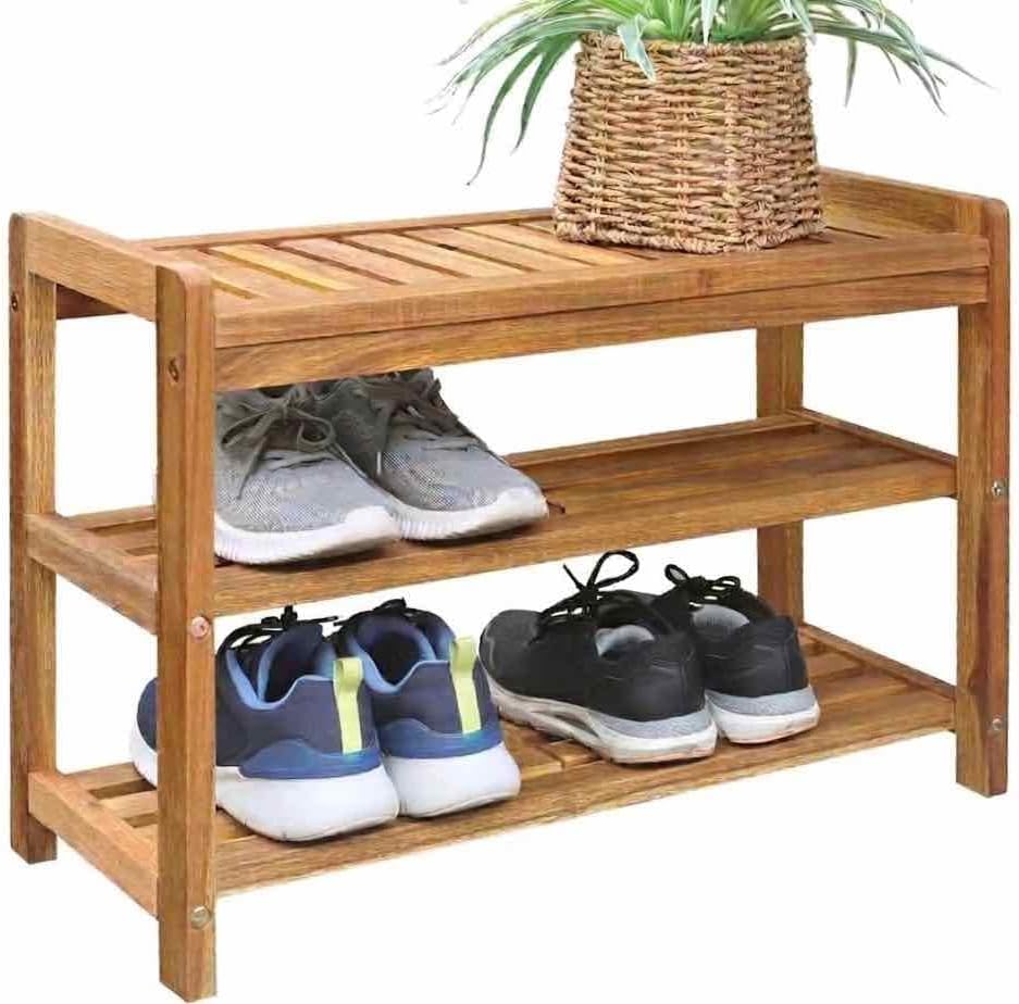 27-Inch Wooden Shoe Bench for Entryway, 3-Tier Storage Organizer, Rustic Shoe...