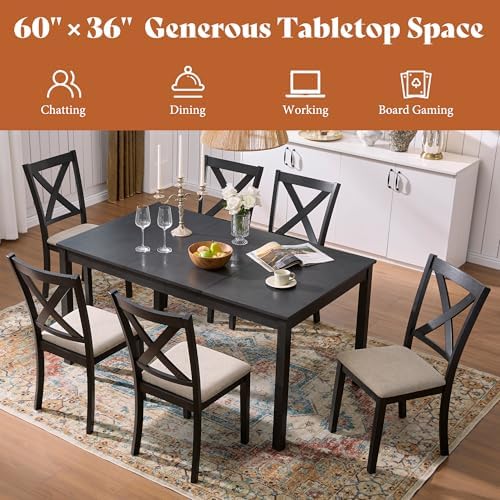 AMERLIFE 7-Piece Farmhouse Solid Wood Dining Table Set for 6, Grey & White
