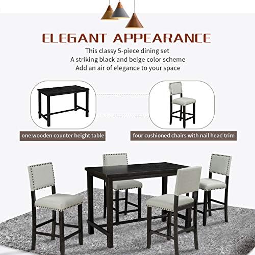 Merax 5 Pieces Counter Height Dining Set, Elegant Wooden Desk and 4 Upholster...
