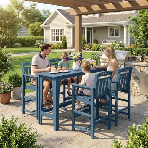 Outdoor Patio Bar Height Table and Tall Adirondack Chairs Set of 2, All-Weather HDPE High Top Long Rectangle Pub Furniture for Outside Balcony Bistro Backyard Pool Deck | 3-Pieces, Navy Blue