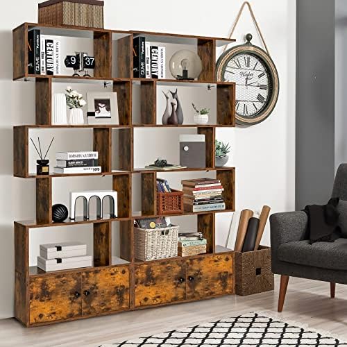 GIANTEX Set of 2 6-Tier Geometric Bookcase with Cabinet, Freestanding Display...