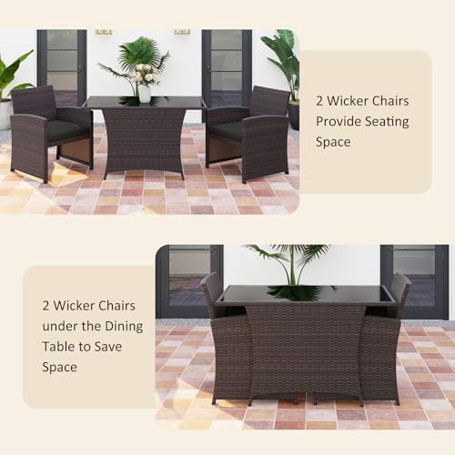 HAPPYGRILL 3 Pieces Patio Wicker Dining Set, Balcony Furniture Set w/Tempered...