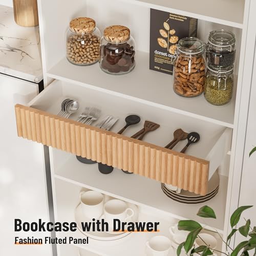INNOD 72" Tall Bookshelf with Storage, 7-Tier Bookcase Fluted with Drawe...