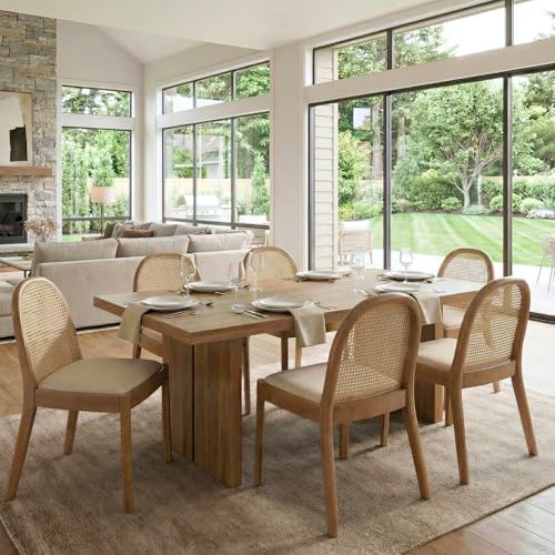 Ya-Home Mid Century Dining Chairs Set of 6, Accent Rattan Linen Fabric Side C...