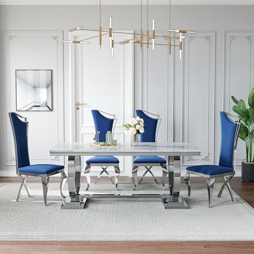 70 in Faux Marble Dining Table Set for 6, Large Kitchen Table and Blue Velvet...